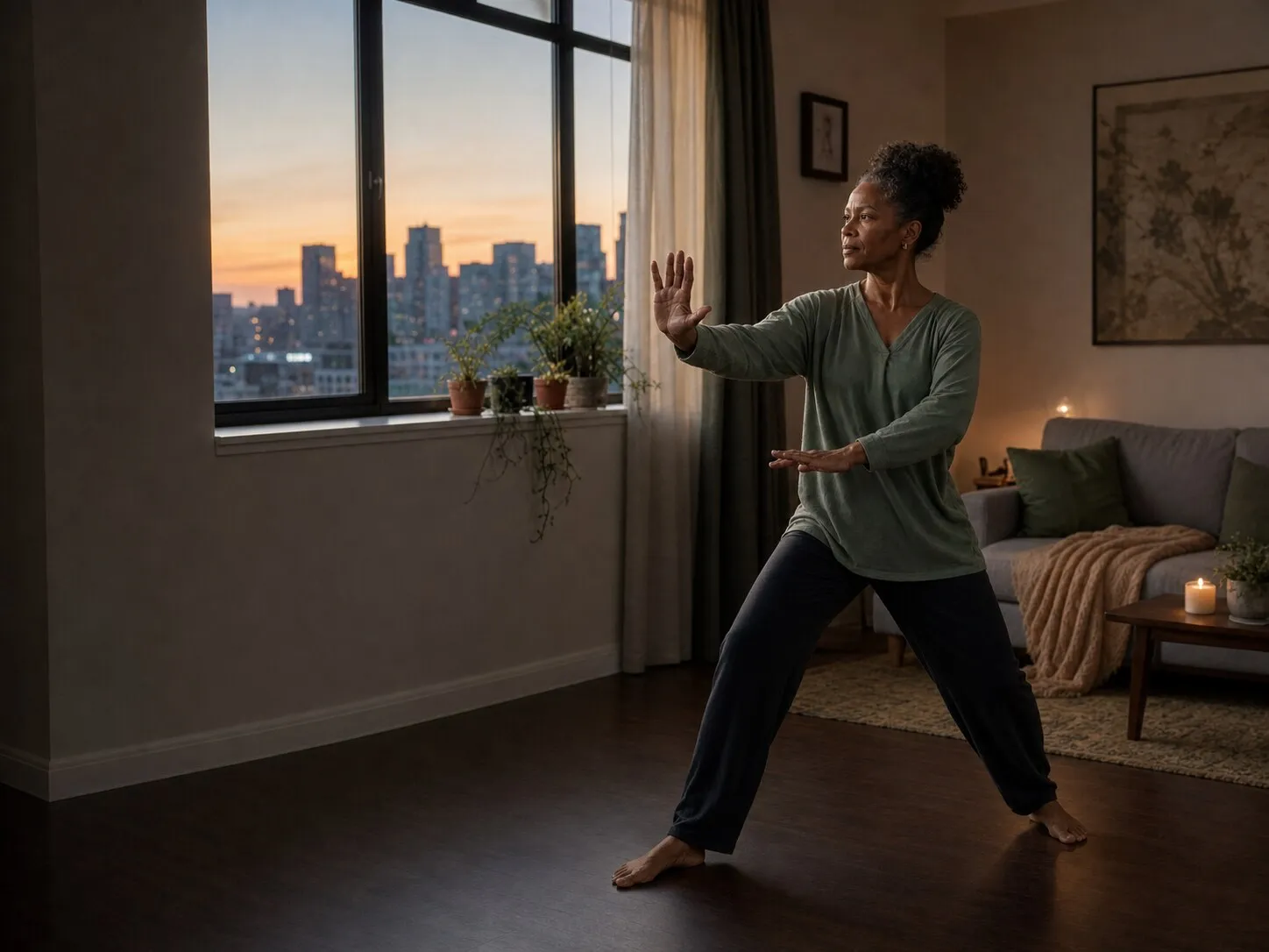 A woman practicing Tai Chi at home near a window at dusk
